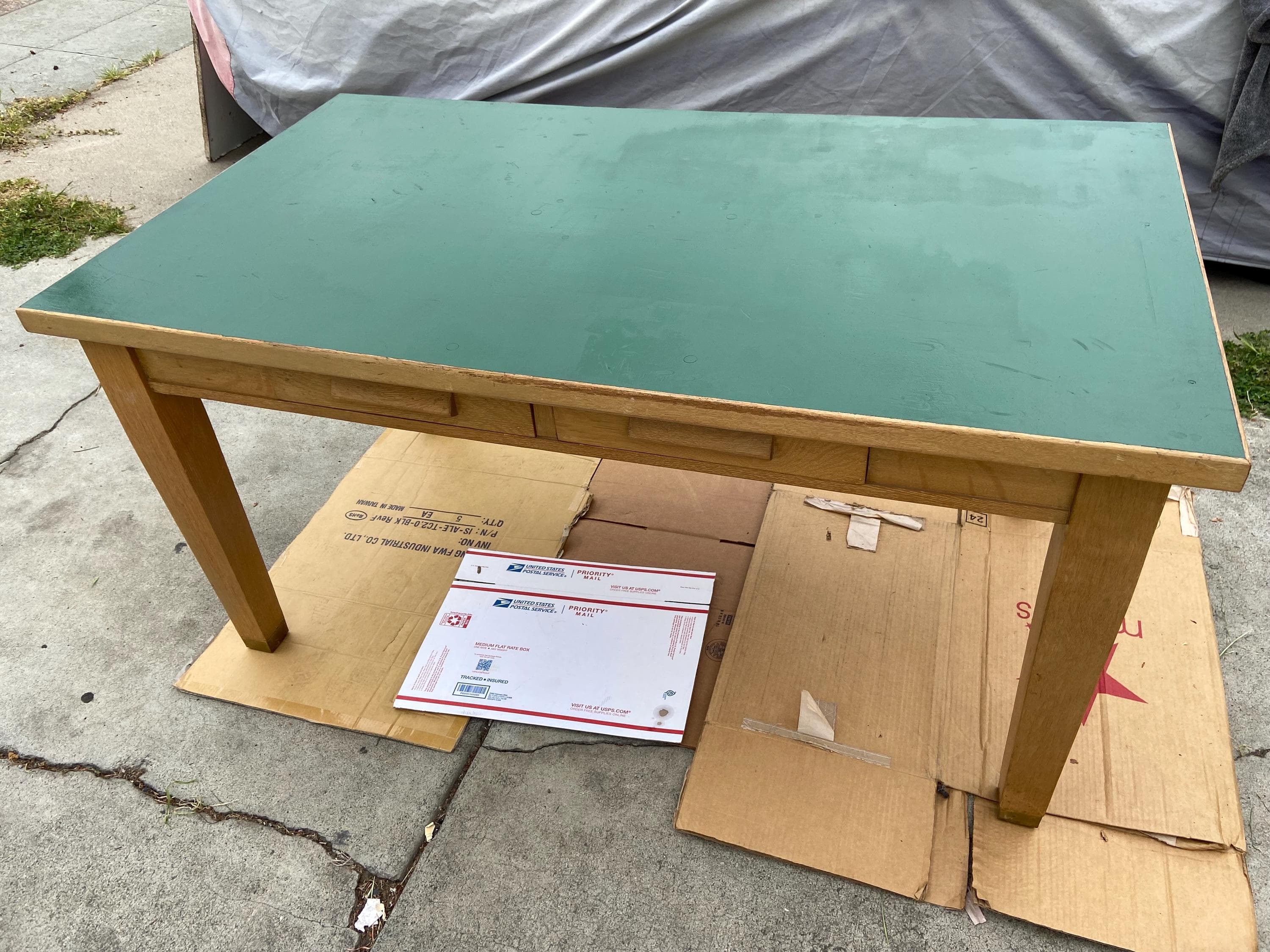 antique library blonde oak teachers arts and crafts school desk table - Thumbnail 7