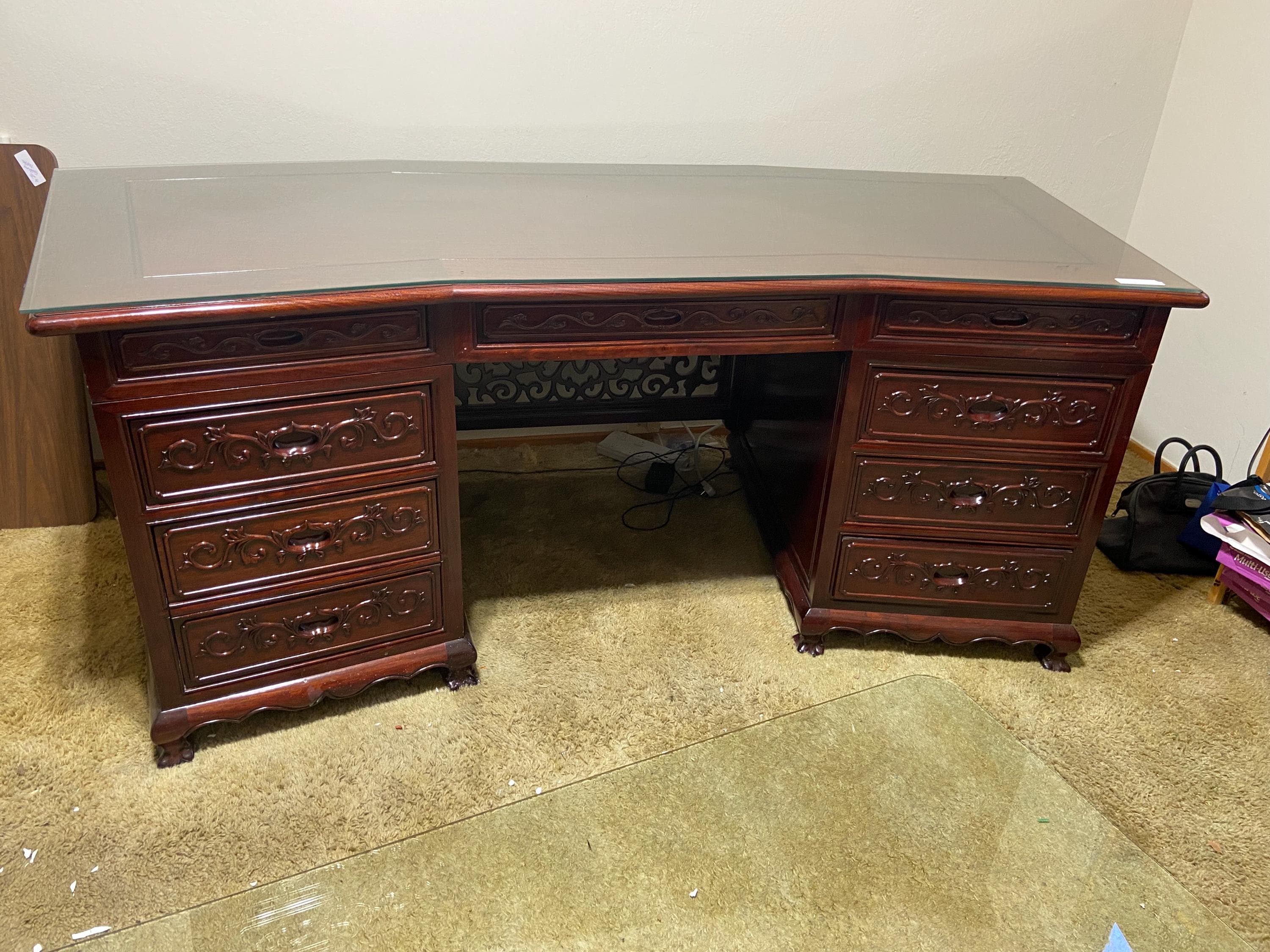 vintage mid century modern Chinese oriental rosewood executive desk - Thumbnail 7