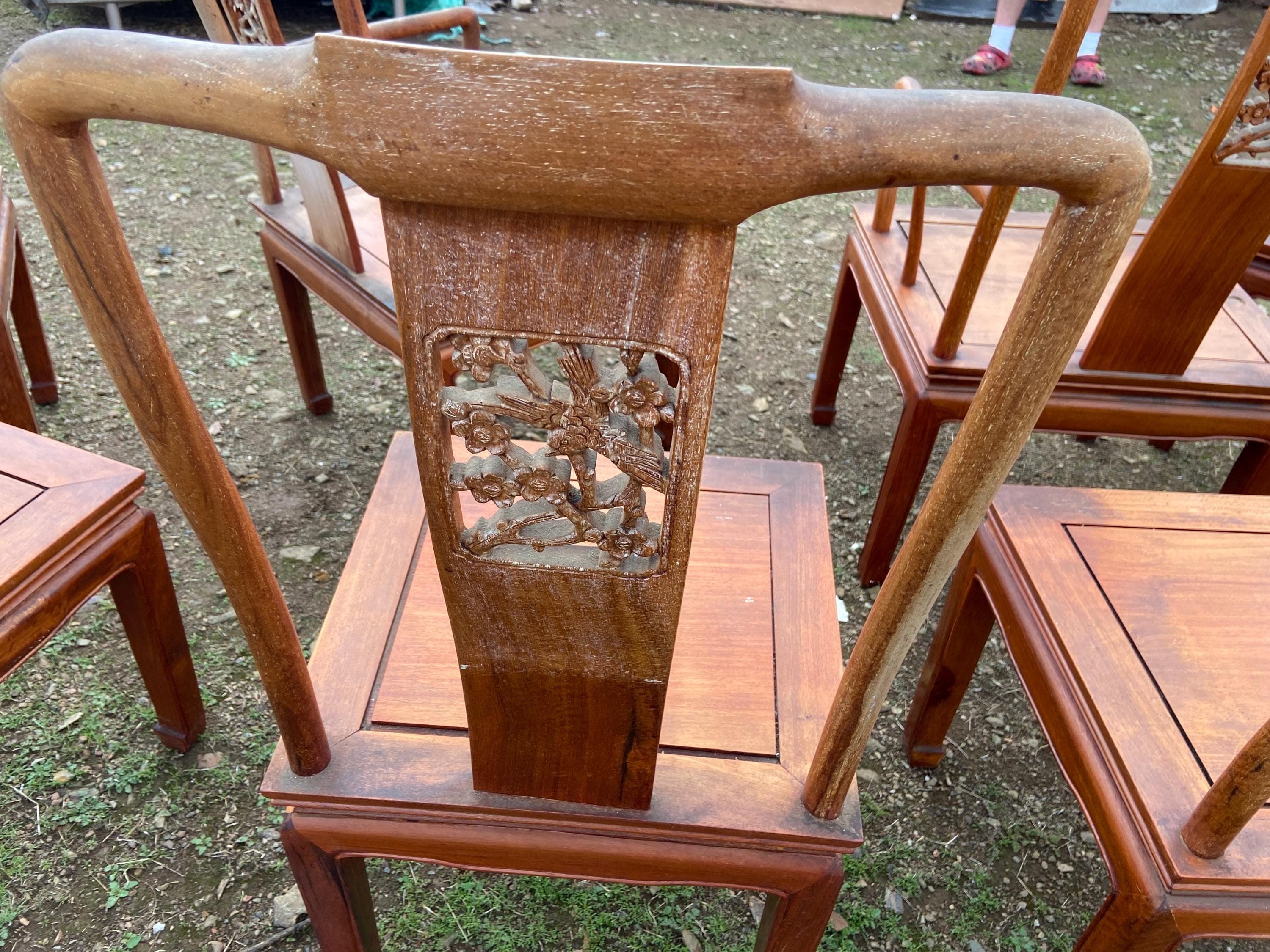 antique Chinese rosewood dining room chairs set of 8 need restoration and repair - Thumbnail 4