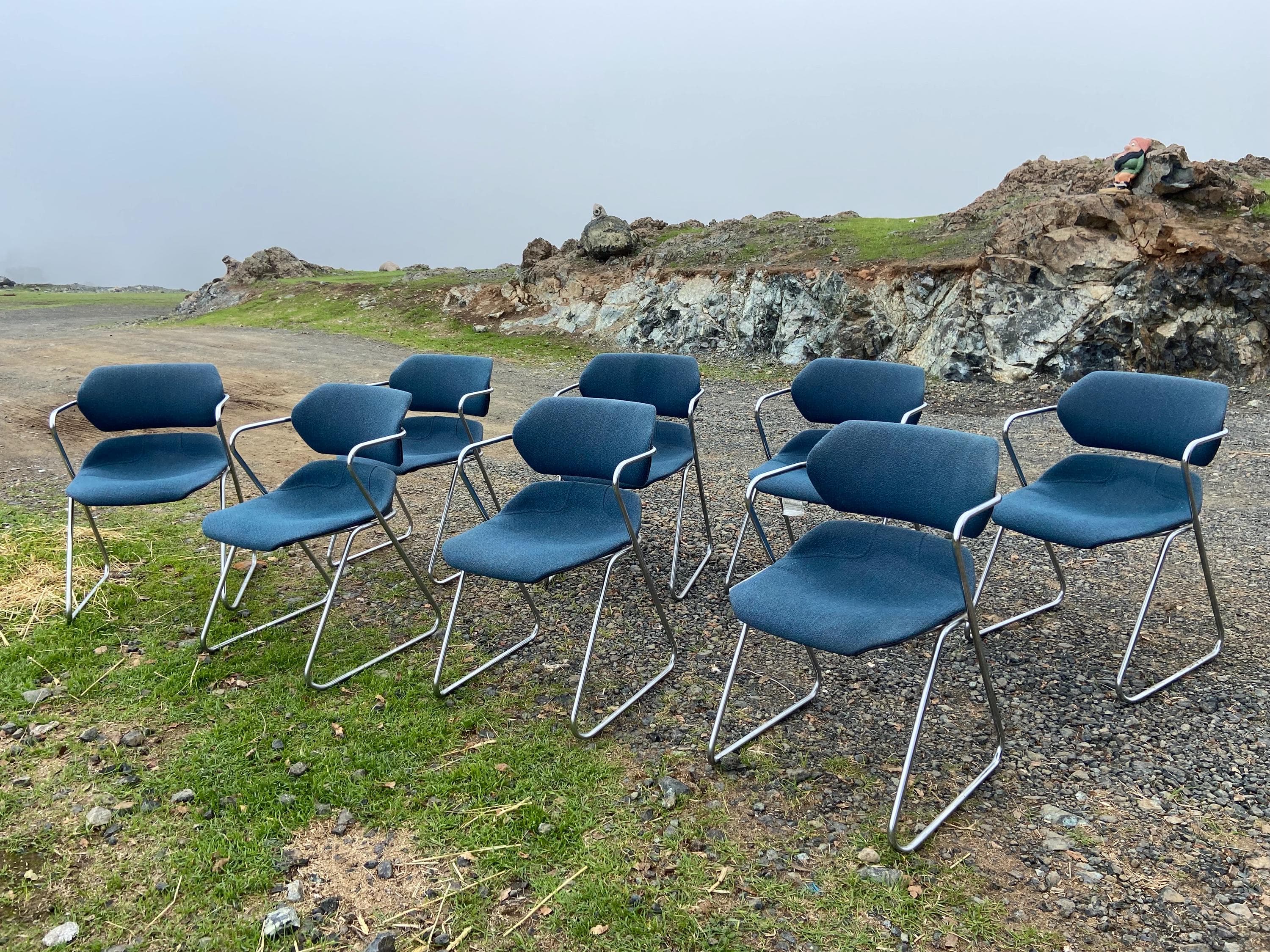 Vintage Mid Century Modern Acton Stacker fabric Cantilevered Side Chairs Set Of 8 - Thumbnail 2