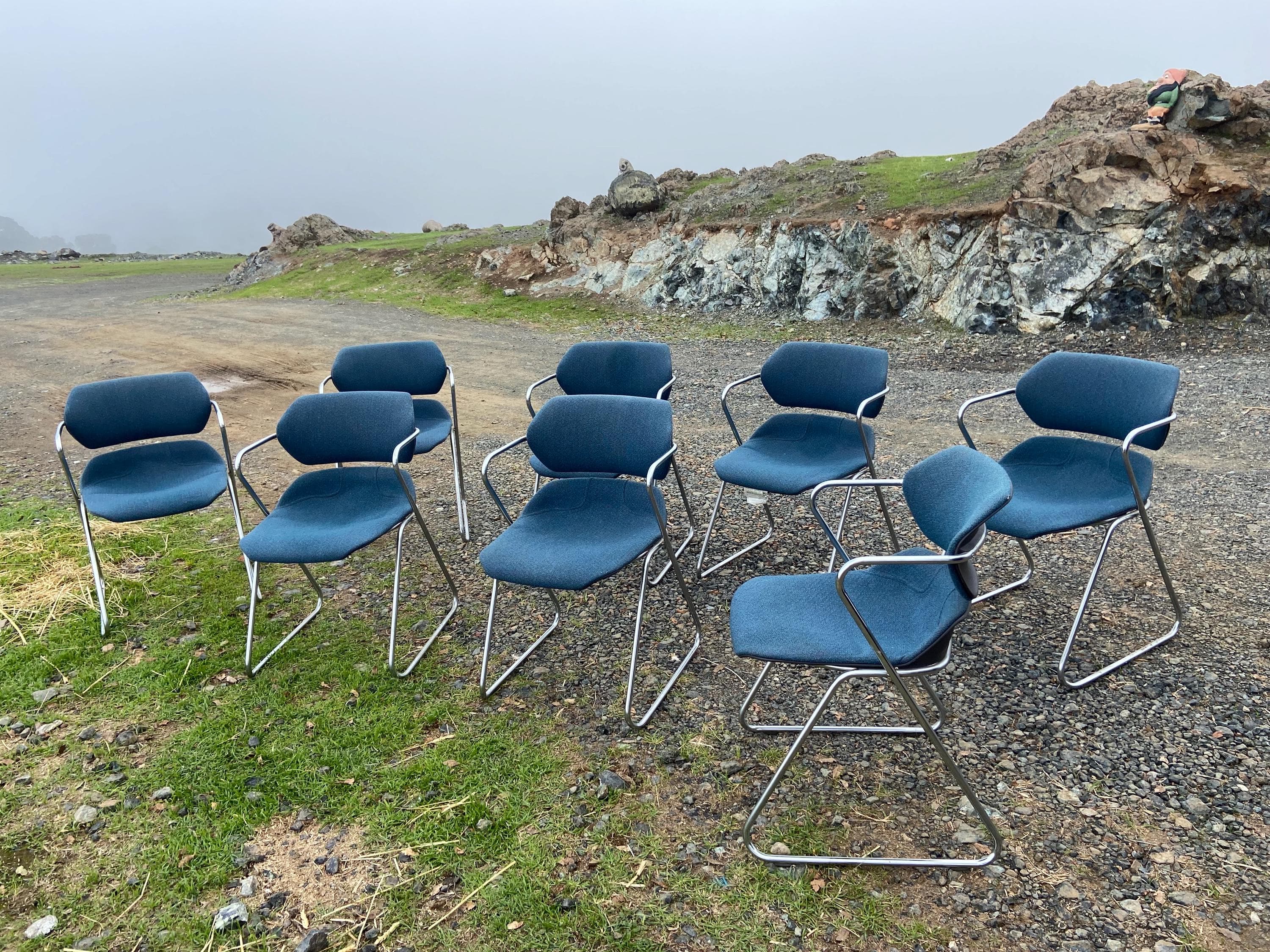Vintage Mid Century Modern Acton Stacker fabric Cantilevered Side Chairs Set Of 8 - Thumbnail 3