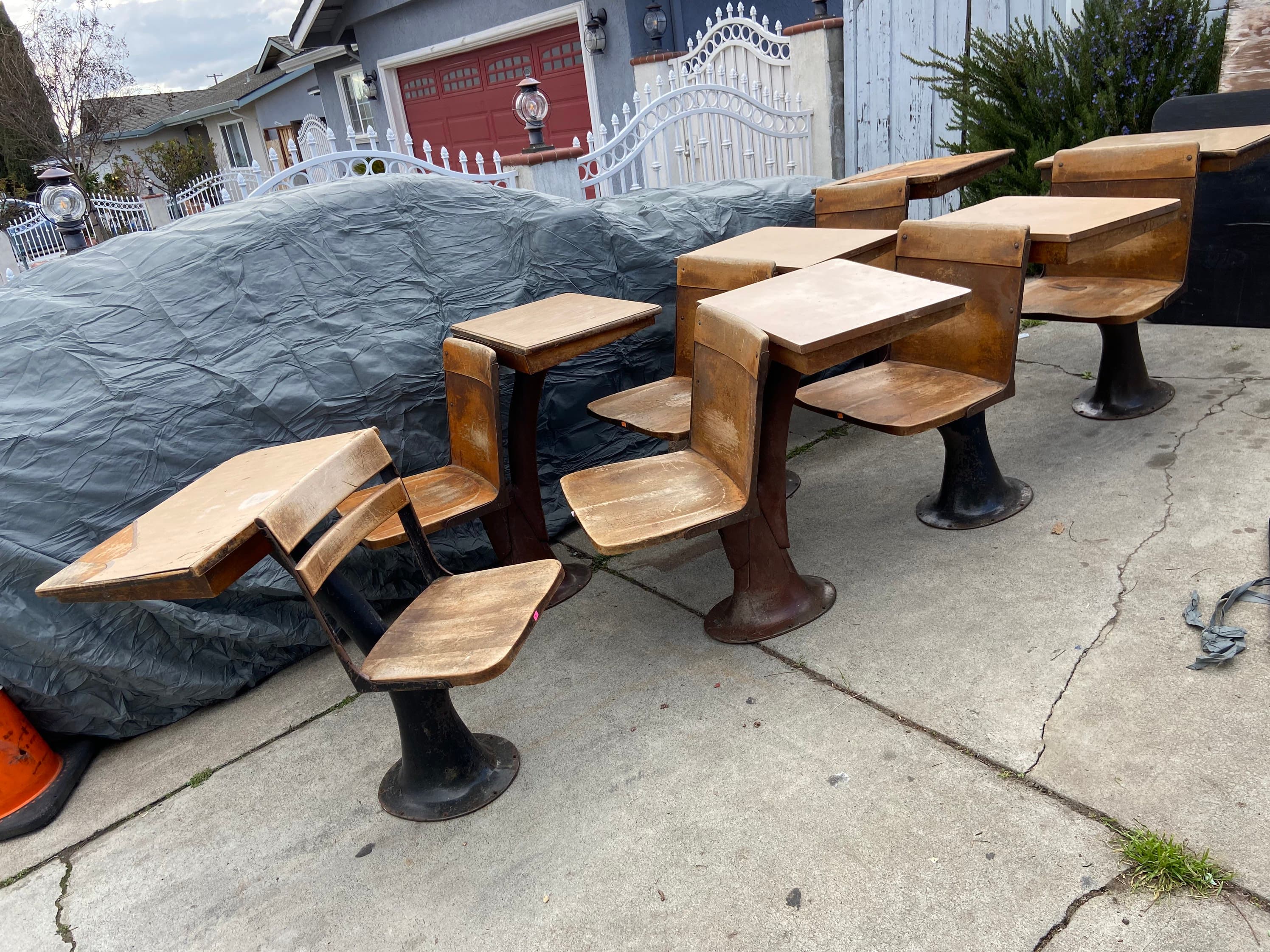 1920’s antique school desks chairs - Image 1