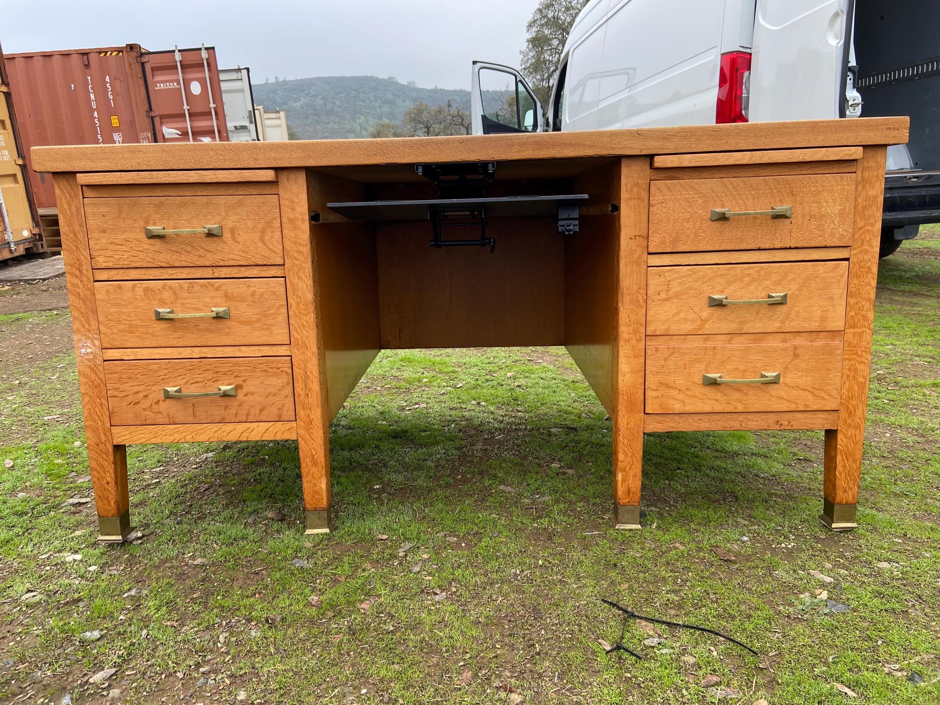 Traditional Antique Oak Teacher Library or Writing Desk Needs Some Refinishing - Image 1