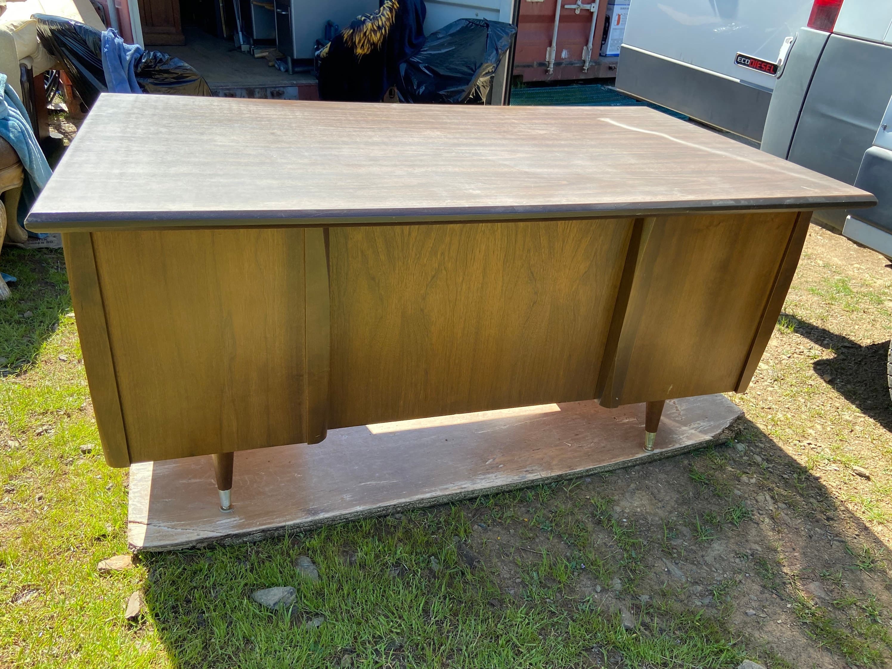 Vintage mid century modern wood veneer executive desk. - Thumbnail 2