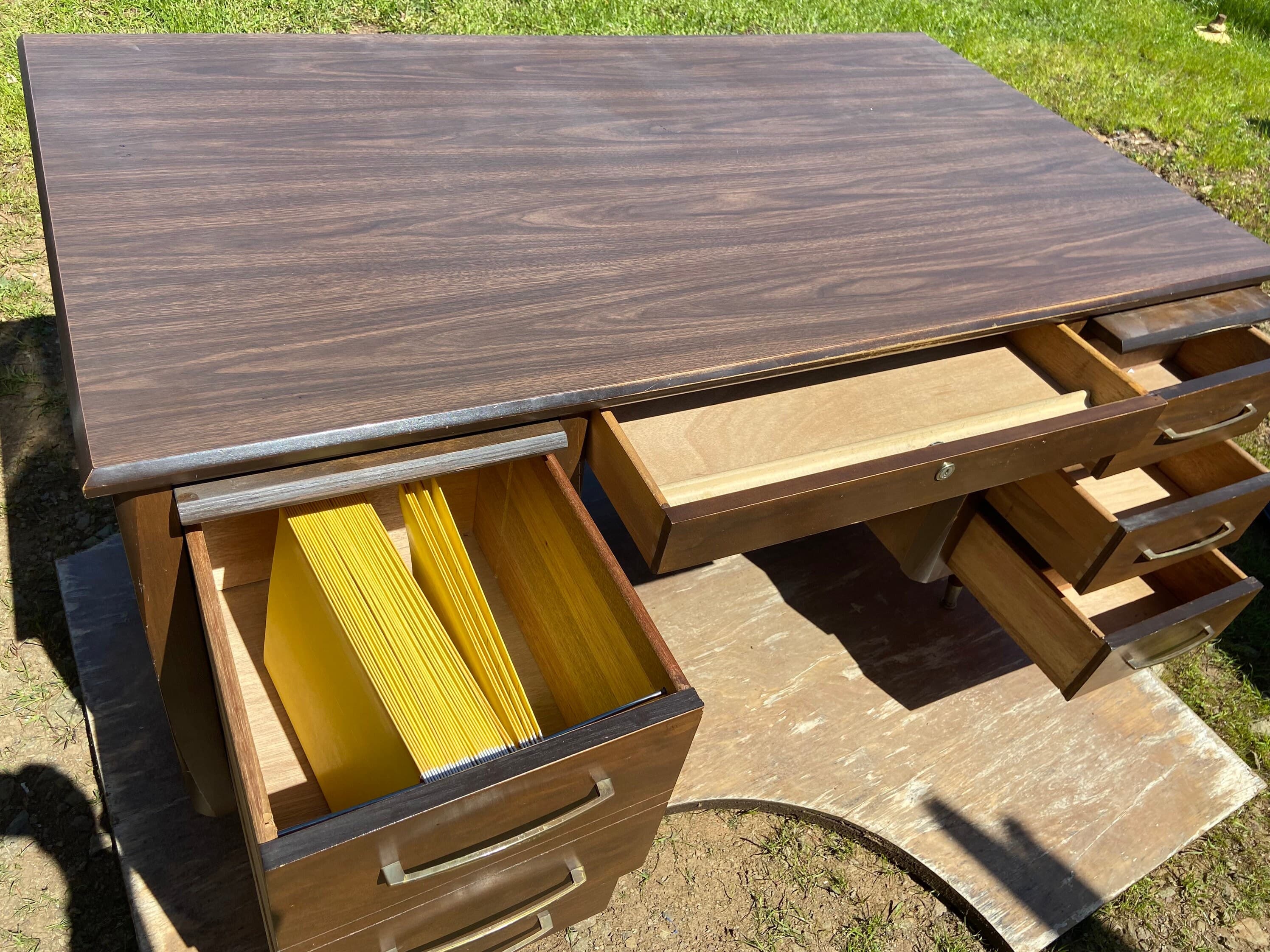 Vintage mid century modern wood veneer executive desk. - Thumbnail 3