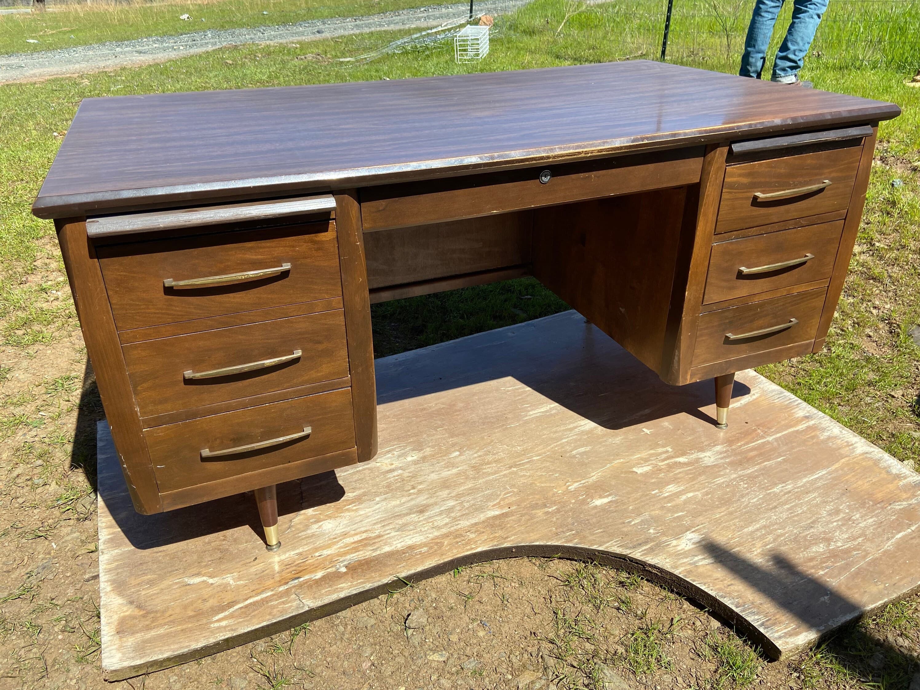 Vintage mid century modern wood veneer executive desk. - Thumbnail 6