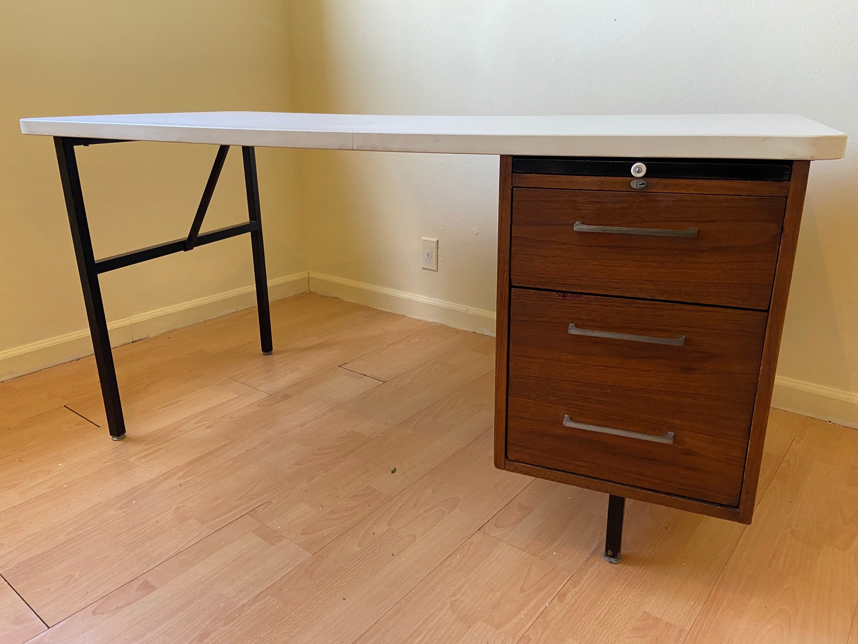 Vintage mid century modern wood veneer executive desk - Image 1