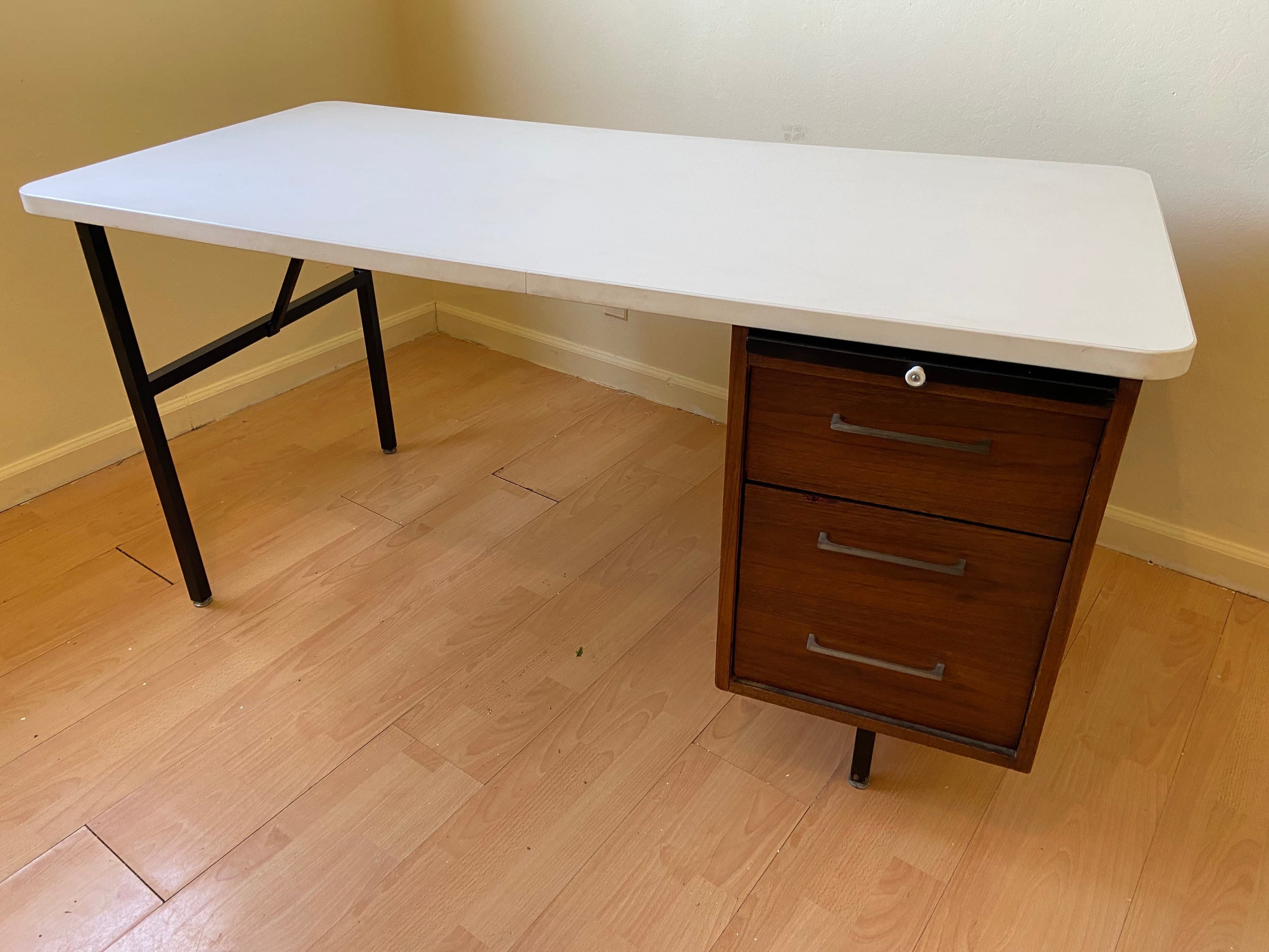 Vintage mid century modern wood veneer executive desk - Thumbnail 2