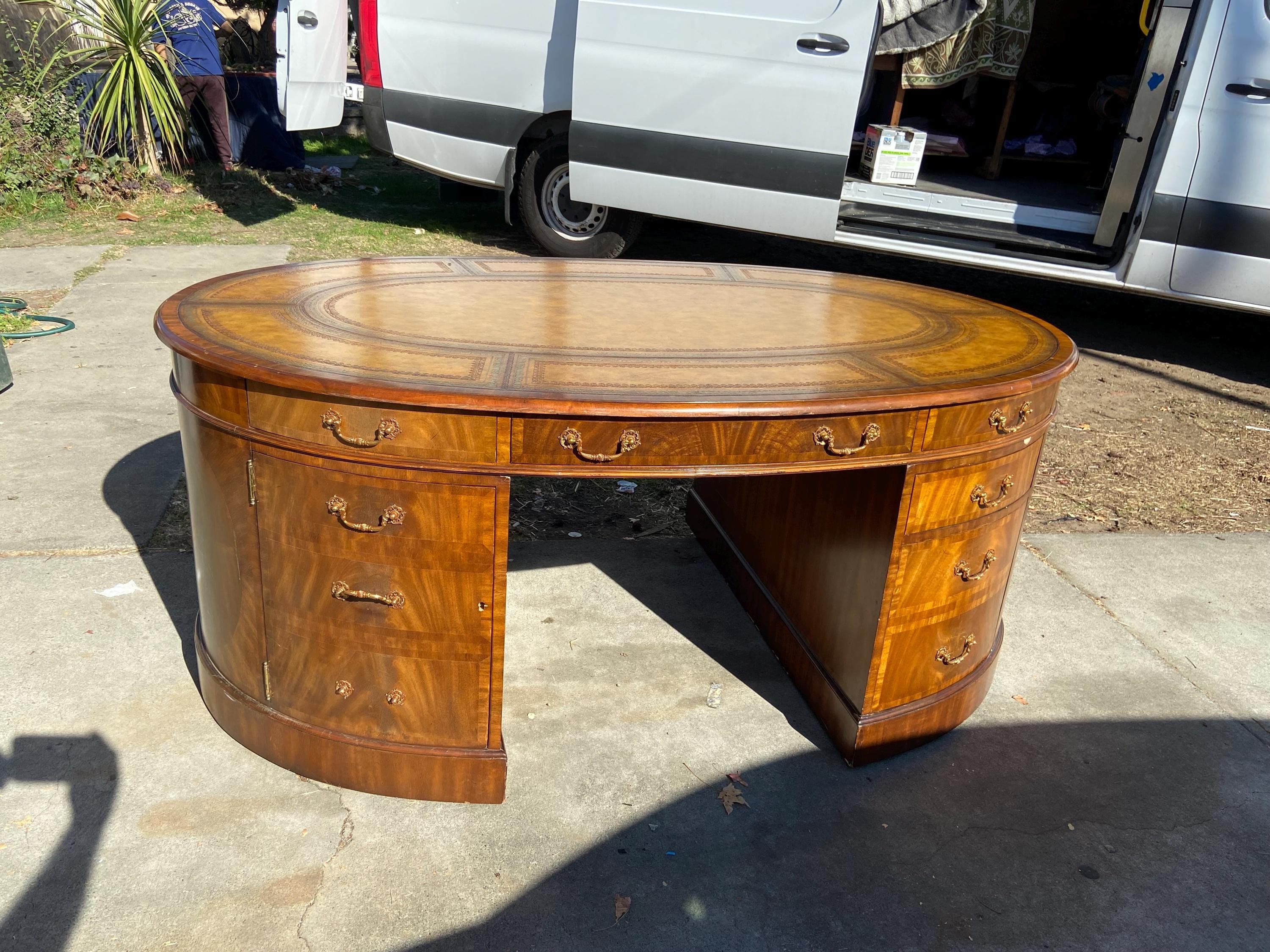 vintage Maitland Smith Oval Partners Desk Victorian burl wood style - Image 1