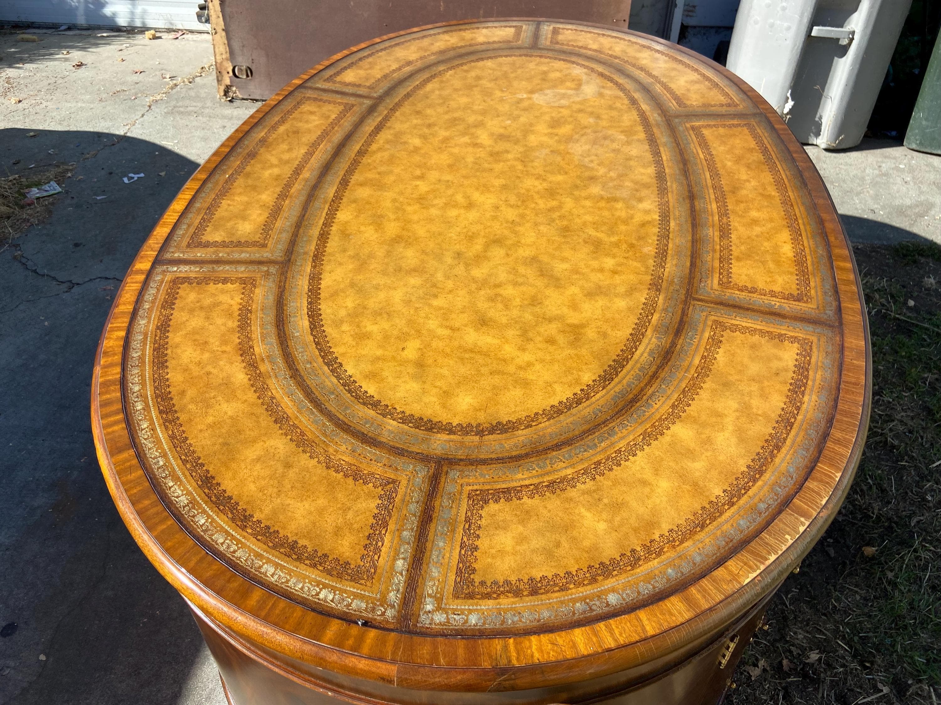 vintage Maitland Smith Oval Partners Desk Victorian burl wood style - Thumbnail 5