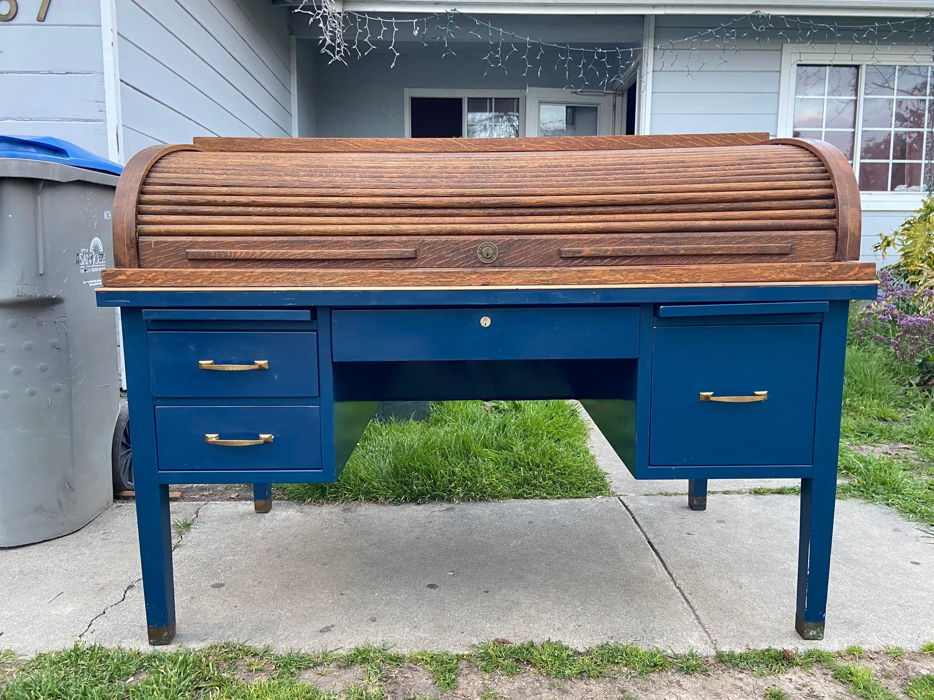 Antique tiger oak roll top metal tanker desk - Image 1
