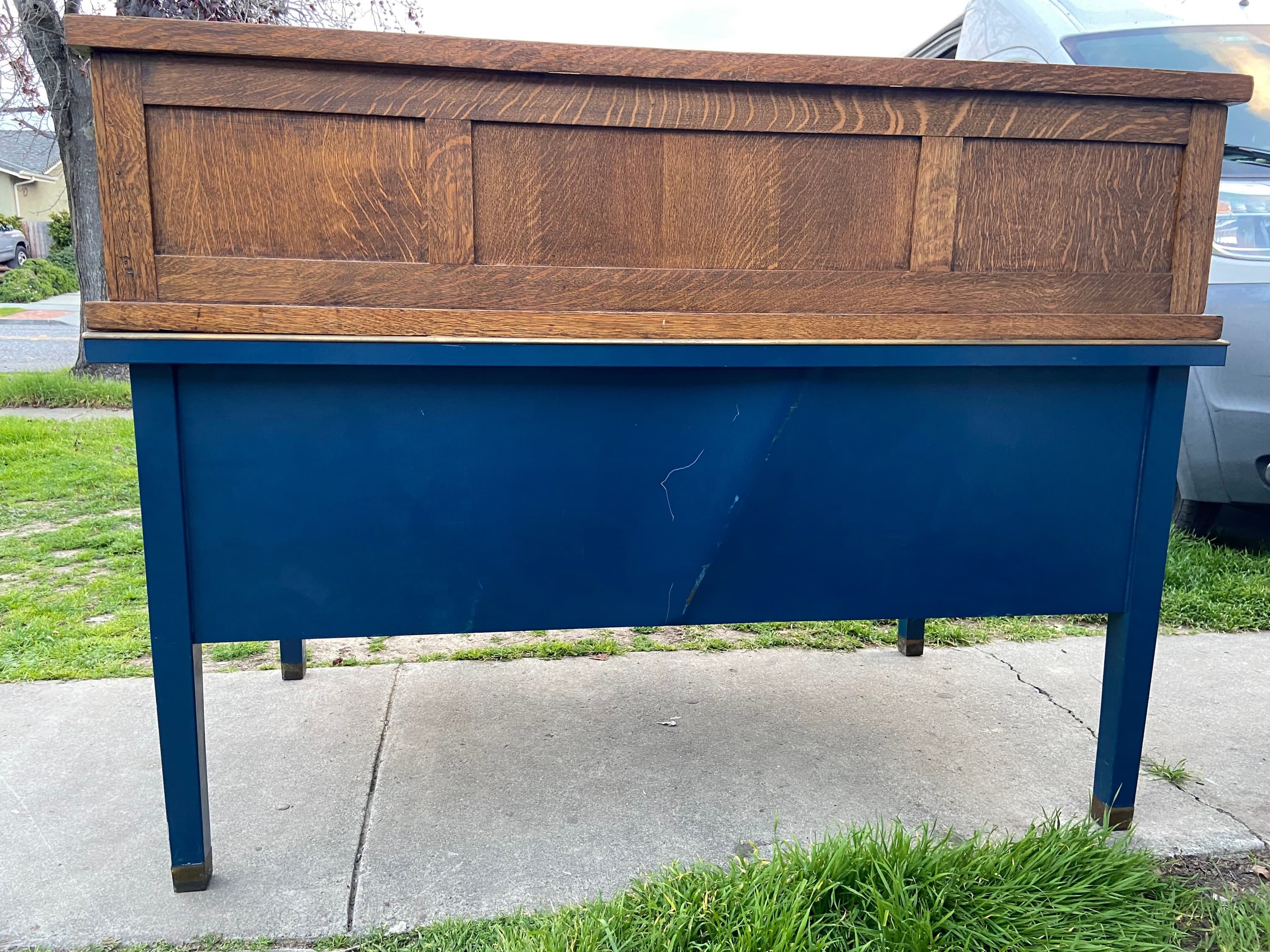 Antique tiger oak roll top metal tanker desk - Thumbnail 10