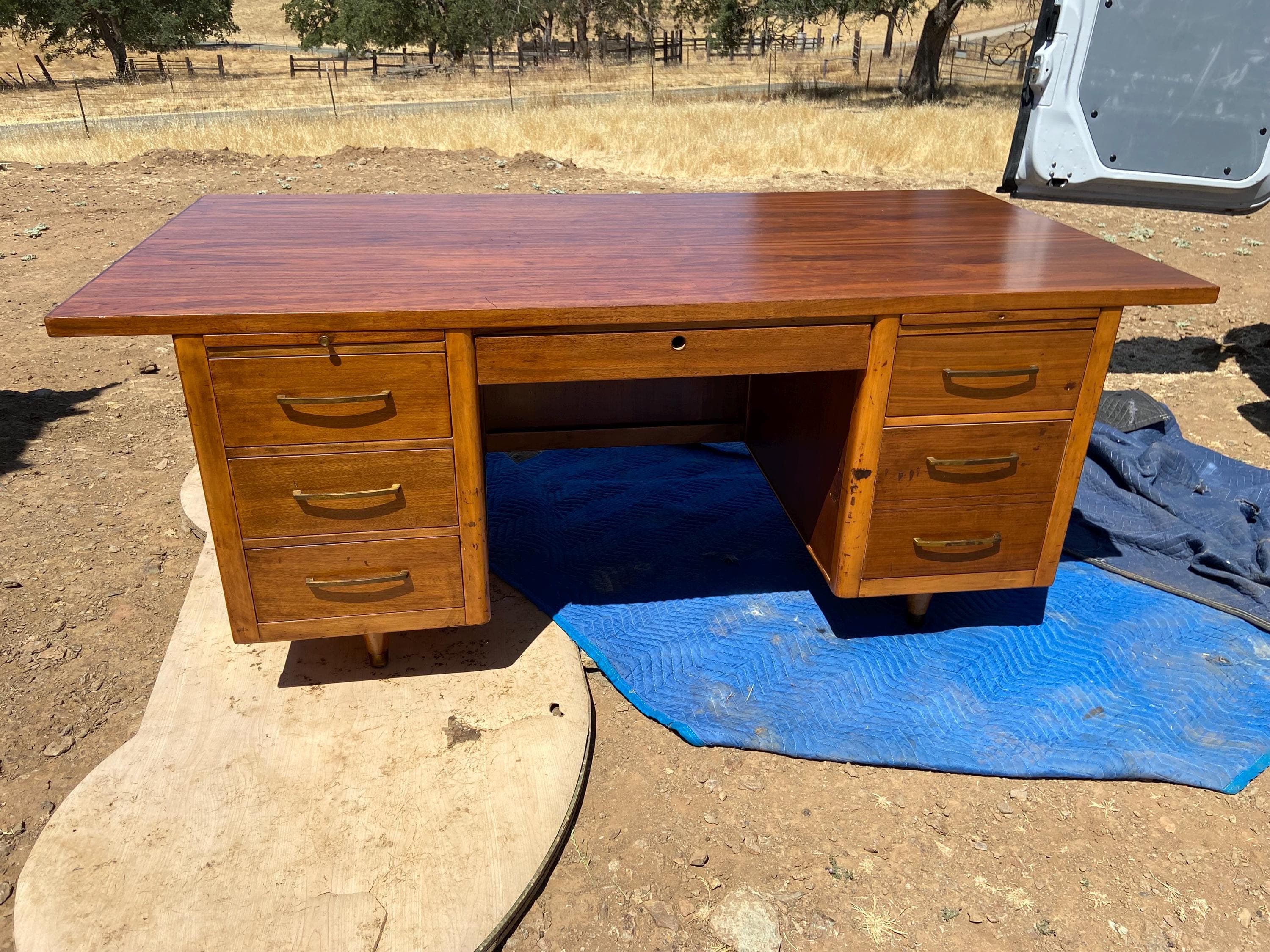 vintage mid century modern walnut desk needs restoration - Image 1