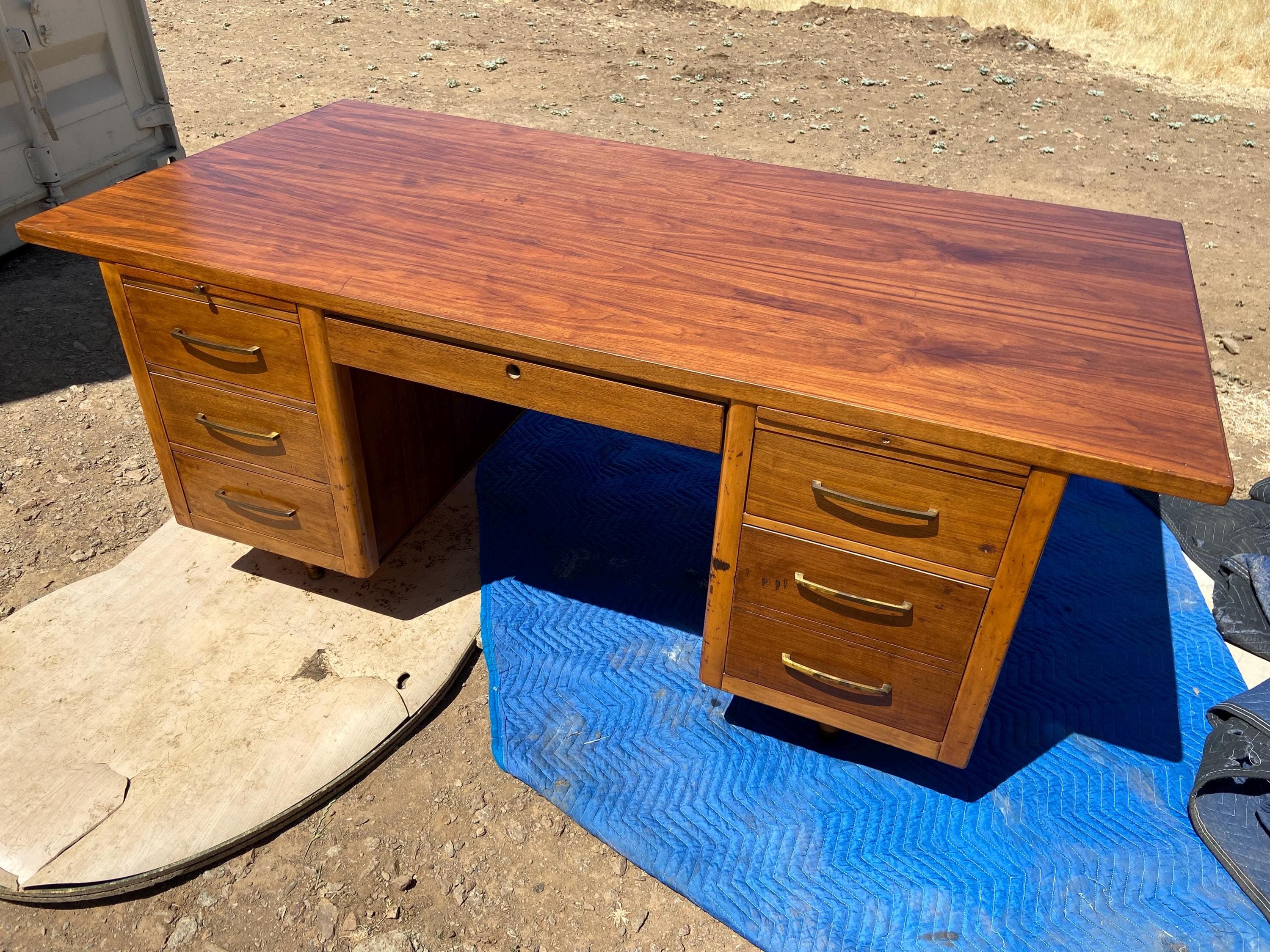 vintage mid century modern walnut desk needs restoration - Thumbnail 3