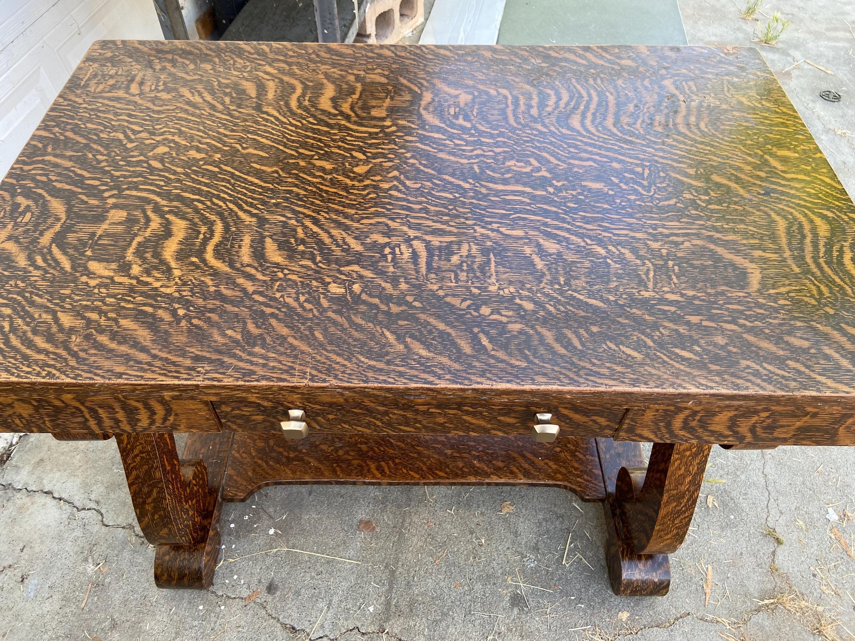 antique reproduction mission arts and crafts mission style wood veneer desk table - Thumbnail 5