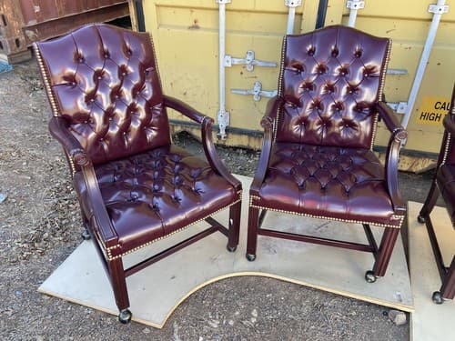 Pair of Queen Anne Mahogany Wing Oxblood Faux Leather Rolling Chairs - Thumbnail 2