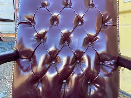 Pair of Queen Anne Mahogany Wing Oxblood Faux Leather Rolling Chairs - Thumbnail 4