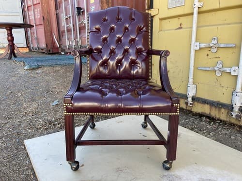 Pair of Queen Anne Mahogany Wing Oxblood Faux Leather Rolling Chairs - Thumbnail 8
