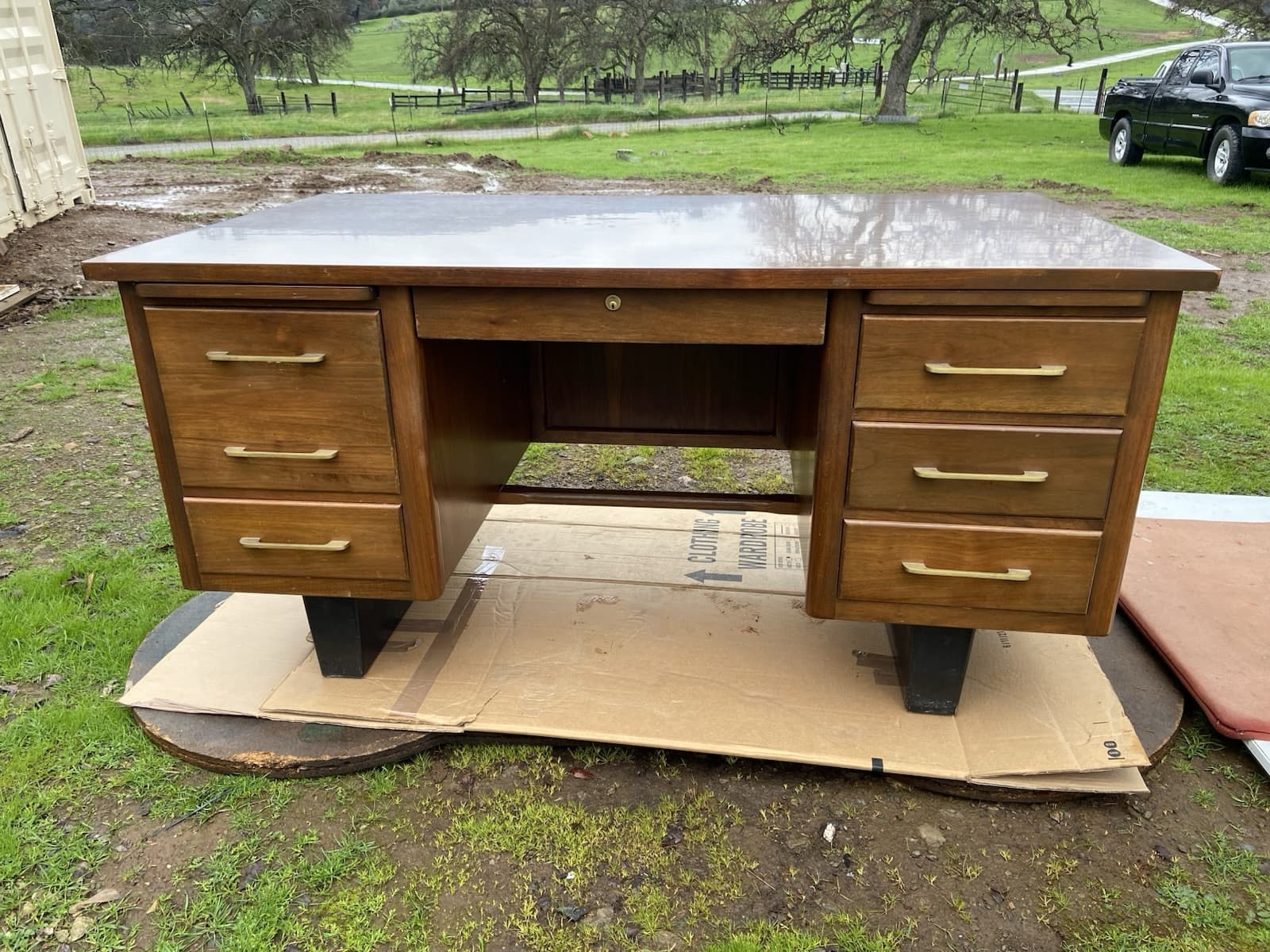 Vintage Mid Century Modern Wooden Tanker Desk - Thumbnail 2