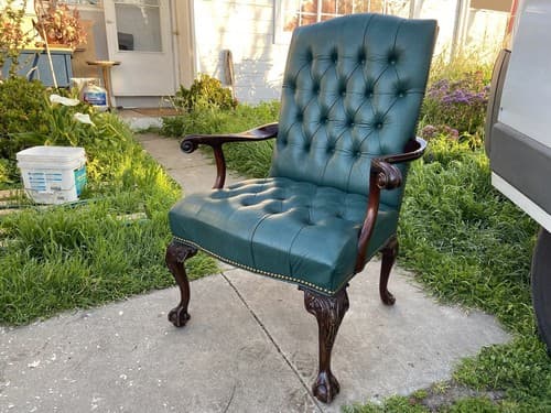 Claw And Ball Feet Queen Anne Style Mahogany  Faux Leather Wingback Chair - Thumbnail 2