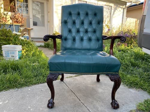 Claw And Ball Feet Queen Anne Style Mahogany  Faux Leather Wingback Chair - Thumbnail 12
