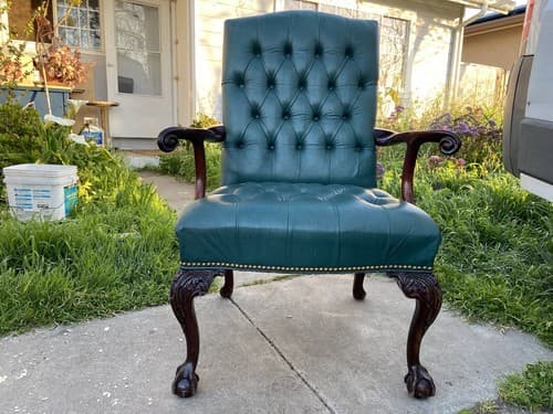 Claw And Ball Feet Queen Anne Style Mahogany  Faux Leather Wingback Chair - Thumbnail 11