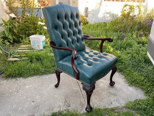Claw And Ball Feet Queen Anne Style Mahogany  Faux Leather Wingback Chair - Thumbnail 16