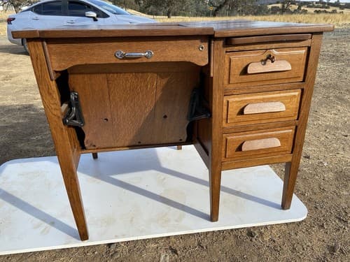 Antique solid oak 3 drawer typewriter Could Use Some Work On The Top - Thumbnail 3