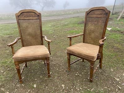 Vintage Walnut/Cane Back Dining Armchairs Set of Two Need New Fabric - Image 1