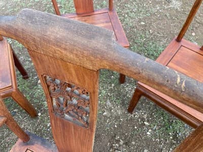 Antique Carved Chinese Rosewood Arm Chair Set Of 8 Needs Restoration - Thumbnail 5