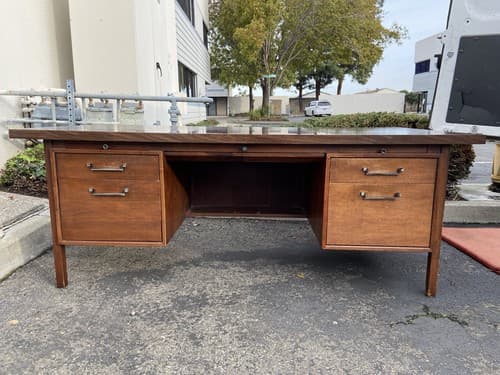 Vintage Alma Mid Century Modern Walnut Executive Desk And Leather Accents - Image 1