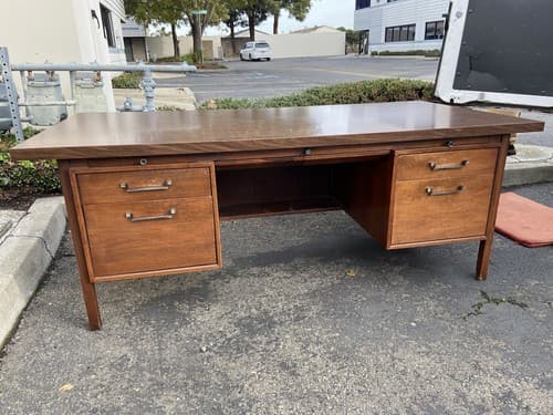 Vintage Alma Mid Century Modern Walnut Executive Desk And Leather Accents - Thumbnail 8