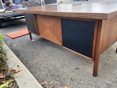 Vintage Alma Mid Century Modern Walnut Executive Desk And Leather Accents - Thumbnail 11