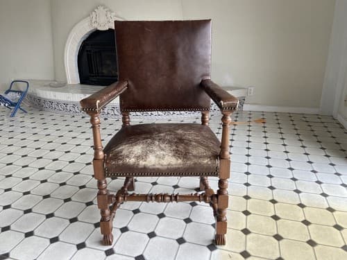 Antique High Back Carved Wood Leather Chair - Image 1