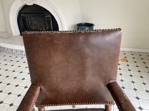 Antique High Back Carved Wood Leather Chair - Thumbnail 5