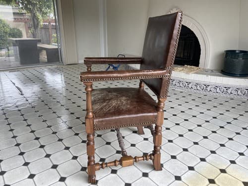 Antique High Back Carved Wood Leather Chair - Thumbnail 7