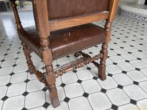 Antique High Back Carved Wood Leather Chair - Thumbnail 13