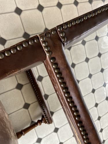 Antique High Back Carved Wood Leather Chair - Thumbnail 11