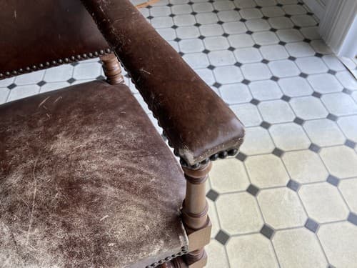 Antique High Back Carved Wood Leather Chair - Thumbnail 9