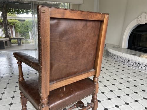 Antique High Back Carved Wood Leather Chair - Thumbnail 12