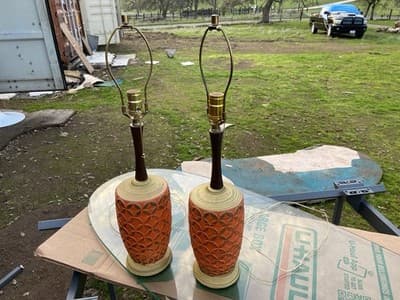 Vintage MCM Ceramic Pottery Orange Lamps Brutalist Design A Pair - Image 1