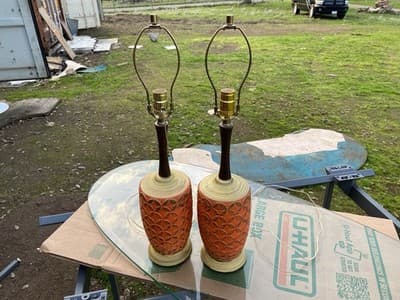 Vintage MCM Ceramic Pottery Orange Lamps Brutalist Design A Pair - Thumbnail 4