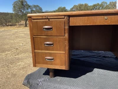 Vintage Mid Century Modern Wooden Tanker Desk 60”/38”/30” Needs Restoration - Thumbnail 2