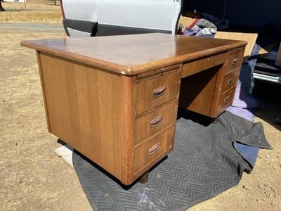 Vintage Mid Century Modern Wooden Tanker Desk 60”/38”/30” Needs Restoration - Thumbnail 9