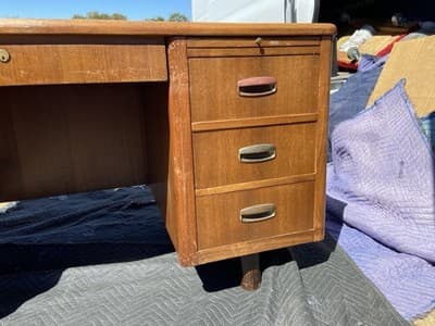 Vintage Mid Century Modern Wooden Tanker Desk 60”/38”/30” Needs Restoration - Thumbnail 6
