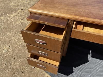 Vintage Mid Century Modern Wooden Tanker Desk 60”/38”/30” Needs Restoration - Thumbnail 13