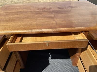 Vintage Mid Century Modern Wooden Tanker Desk 60”/38”/30” Needs Restoration - Thumbnail 14