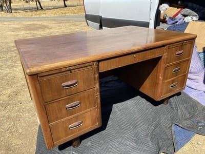 Vintage Mid Century Modern Wooden Tanker Desk 60”/38”/30” Needs Restoration - Thumbnail 19