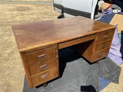 Vintage Mid Century Modern Wooden Tanker Desk 60”/38”/30” Needs Restoration - Thumbnail 18