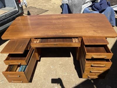 Alma Co Vintage Mid Century Modern Fan Walnut  Tanker Desk - Thumbnail 23
